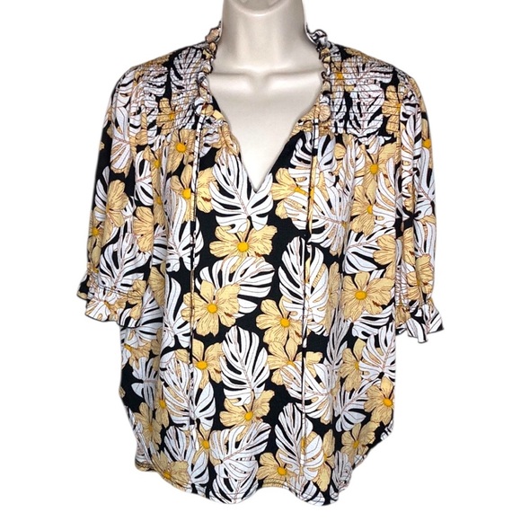Melloday | Tropical Print Tie Neck Top S - Picture 1 of 5